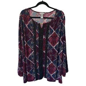 Catherines Women's Blouse‎ Top Dark Paisley Lace Trim Long Sleeve Plus Size 3X